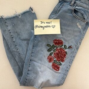 Zara Basic Z1975 Denim Embroidered Distressed Cropped Flare Jeans